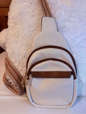 Bostanten Cream Crossbody Sling Bag with Brown Trim